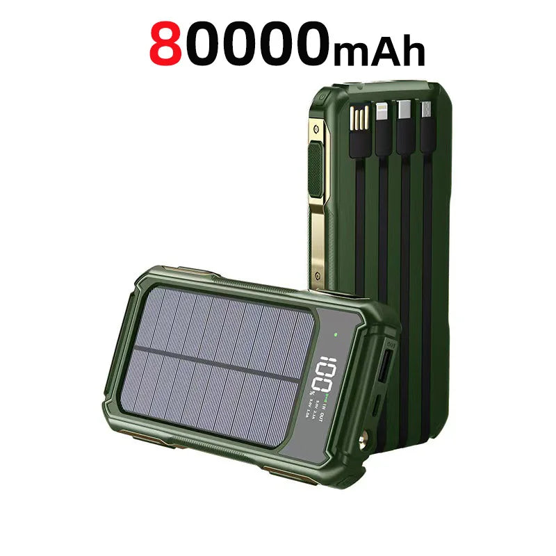 80000mAh Large Capacity Portable Outdoor Solar Mobile Power 4 in 1 Built in Cables LED Digital Display For iPhone Samsung Xiaomi
