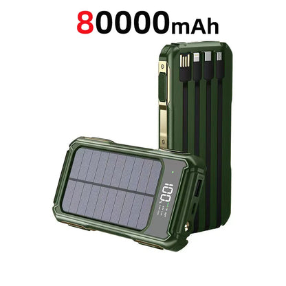 80000mAh Large Capacity Portable Outdoor Solar Mobile Power 4 in 1 Built in Cables LED Digital Display For iPhone Samsung Xiaomi