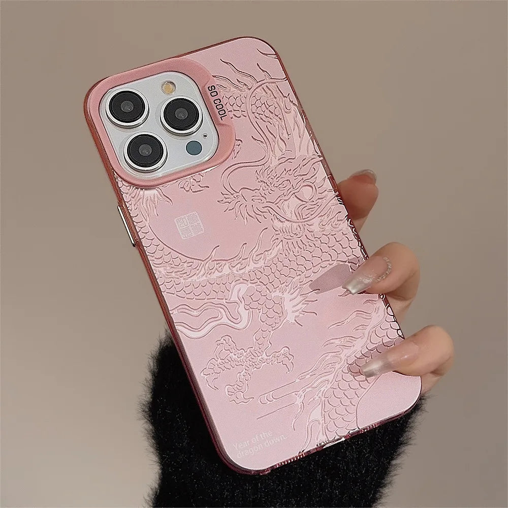 Luxury Dragon Embossed Phone Case for iPhone 15 Pro Max Plus 14 13 12 11 Pink Purple Green Black White Shockproof Phone Cover