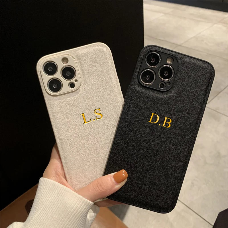 Personalized Phone Case For iPhone 16 15 14 13 12 11 Pro Max Plus Luxury PU Leather Customized Initials Name Gift Cover