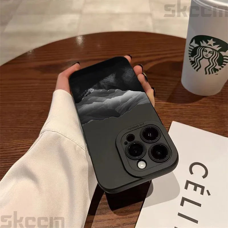 Black Mountain Peak Pattern Phone Case For iPhone 16 15 14 Pro Max 11 12 13 Mini XS XR X 8 7 Plus Shockproof Soft Silicone Cover