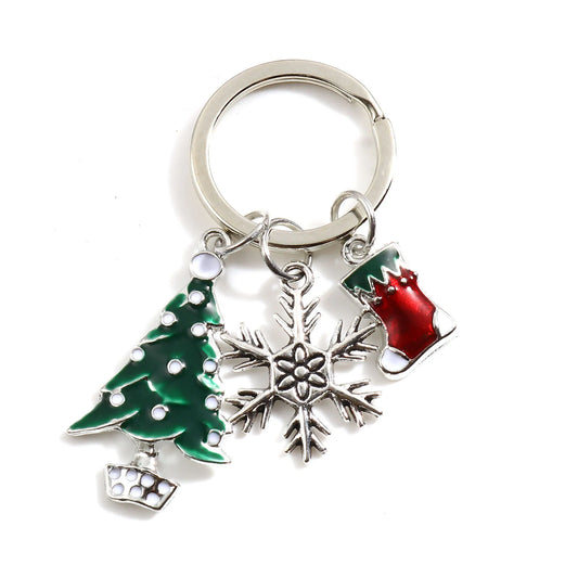 Keychain & Keyring Silver Color Red & Green Christmas Tree Christmas Stocking Snowflake Xmas Jewelry 6.1cm(2 3/8") long, 1 Piece