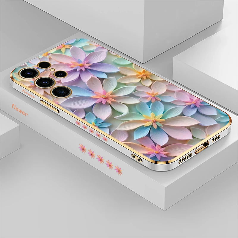 S25 Ultra Soft Silicone Case For Samsung Galaxy S22 S21 S25 Plus S24 FE S24 Plus Shockproof Flower Pattern Plating Cover