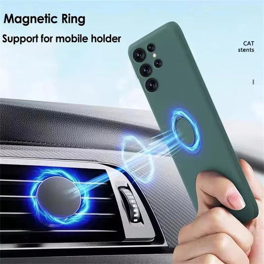 Magnetic Holder Ring Case For Samsung Galaxy S25 S24 S23 S22 Ultra S21 Plus FE Liquid Silicone Cover For Samsung S25 Ultra Cases