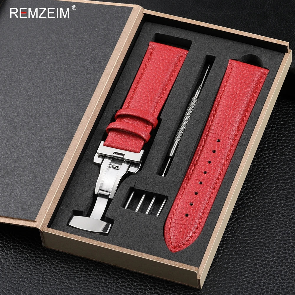 Litchi Pattern Design Leather Wrist Band 18mm 20mm 22mm Men Women Strap with Butterfly Buckle Gift Box Packaging Watchband