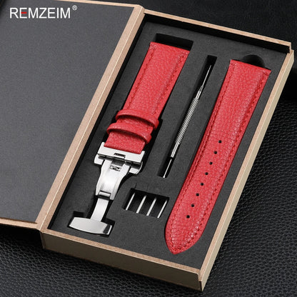 Litchi Pattern Design Leather Wrist Band 18mm 20mm 22mm Men Women Strap with Butterfly Buckle Gift Box Packaging Watchband
