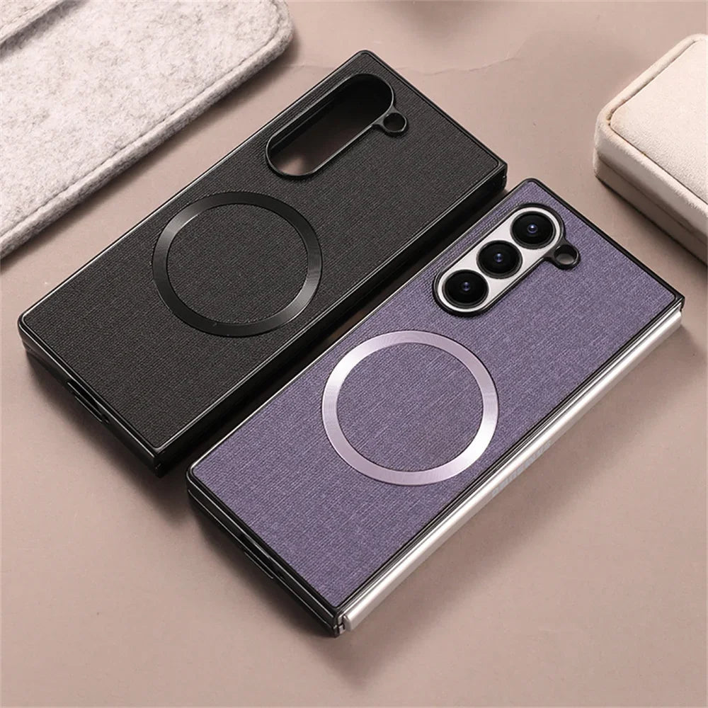 For Samsung Galaxy Z Fold 7 6 5 4 3 Case Cloth Pattern Magsafe Magnetic Cases For Galaxy Z Fold6 Fold7 Wireless Charging Cover