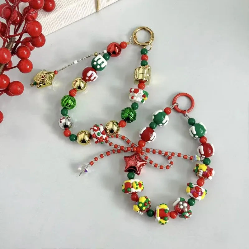 Christmas Mobile Phone Lanyard Cake Hand-painted Creative Beaded Mobile Phone Chain Car Keychain Pendant Earphone Accessories