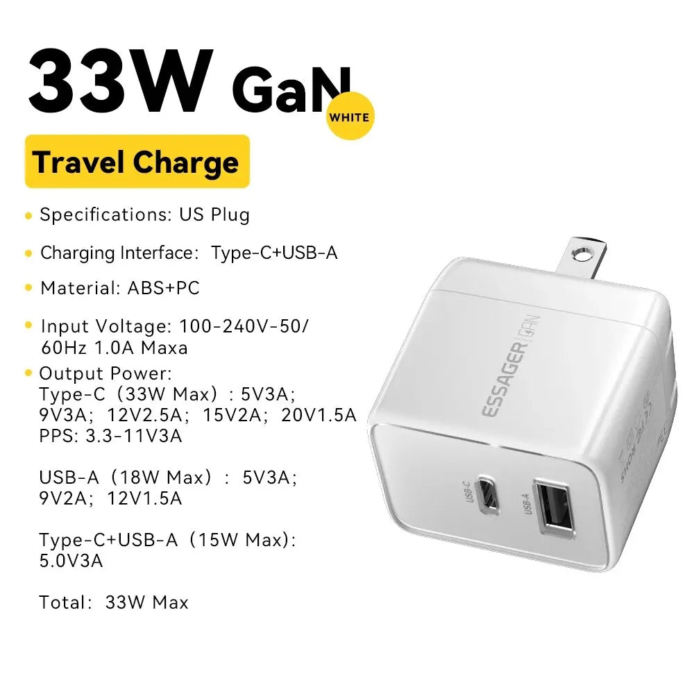 Essager GaN 33W USB Charger Fast Charger PD QC 3.0 USB C Charger Quick Charger For iPhone 14 13 Travel Charger for Samsung S21
