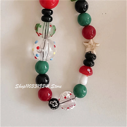 INS Cute Christmas Tree Beaded Phone Charm Chain For Phone Case Phone Straps Accessories Anti-Lost Keychain Lanyard Girl Gift