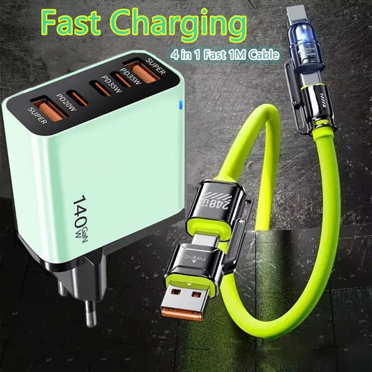 4-in-1 Type C Cable USB C PD Fast Charger 5 Ports Quick Charge Phone Adapter For iPhone Samsung Xiaomi Huawei OPPO Wall Charger