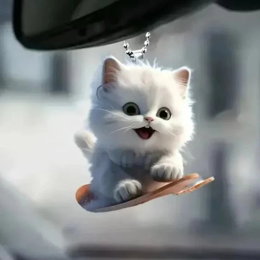2D Car Pendant Hanging Ornament with Chain Realistic Animal Cat-Shaped Rearview Mirror Hanging Decor Car Interior Accessories