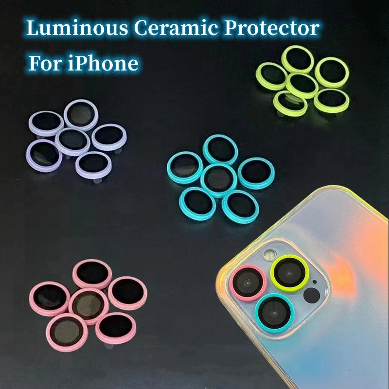Luminous Ceramic Camera Protector Film For iPhone 16 14 13 12 11 15 Pro Max Plus 13 mini Lens Ring Tempered Glass Glowing Cap