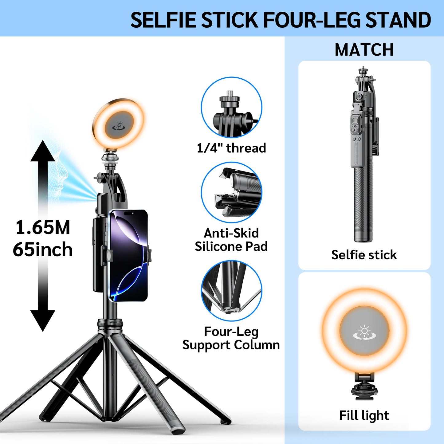 C17 Tripod 360°Auto-Rotation AI Tracking Remote Control Bluetooth Shooting Quadrapod Selfie Stick Stabilizer Optional Fill Light