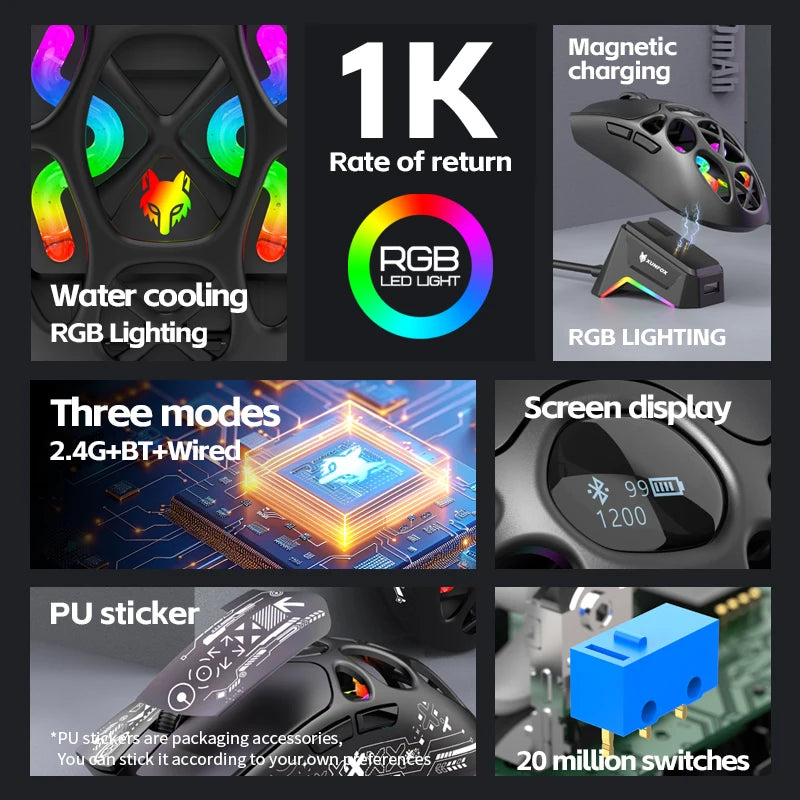 XUNFOX H16PRO Mouse, lightweight S205, three-mode wireless Bluetooth mouse for gaming, charging, RGB lighting, suitable for P