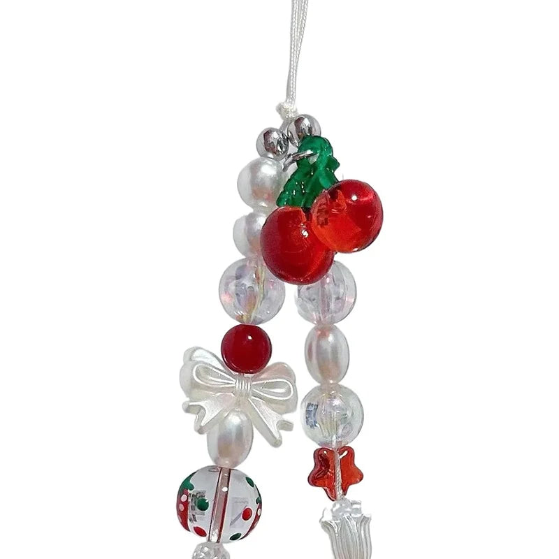 Cute Cherry Bow Pearl Beads for Girls, Phone Charm Strap, Lanyard for Keys, Decoration for iPhone, Christmas Gift