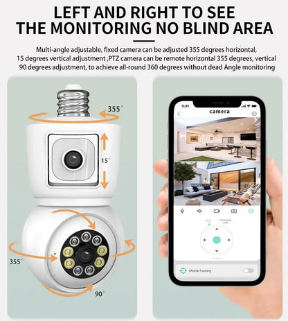8MP E27 Bulb WiFi Camera 4K Dual Lens Dual Screen Cam Auto Tracking Two Way Audio Night Vision CCTV Security Protection ICSEE