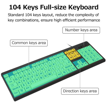 Wired Keyboard USB Large Print Computer Keyboard for Low Vision Users High Contrast 104 Keys Letters for Old Men