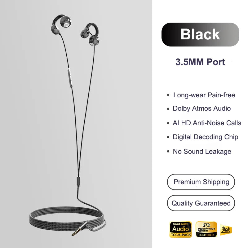 NEW Clip-on Type C&3.5mm Wired Headphones HIFI Sound Sports Earbuds Handfree Gaming Headsets With HD Mic Earphones For Samsung