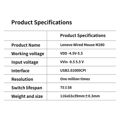 Lenovo M280 Wired Silent Mouse, Suitable for Office, Home, and Business Use, USB Wired, Compatible with Desktop and Laptop