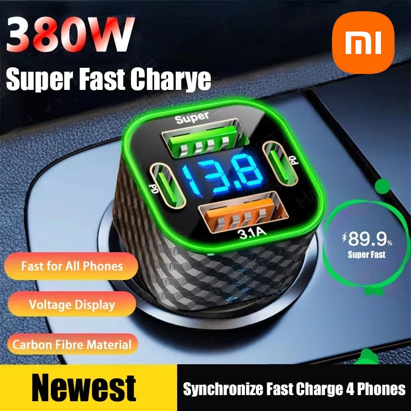 Xiaomi USB C Car Phone Charger Dual PD 4 in 1 with Voltage Display Super Fast Charge Adapter for iPhone Xiaomi Oppo Vivo Samsung