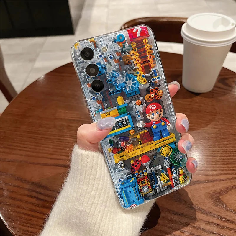 Fashion Building Block M-Marios Phone Case For Samsung Galaxy A14 A15 5G S22 S23 S24 Plus Ultra A35 A54 A55 5G Transparent Cover