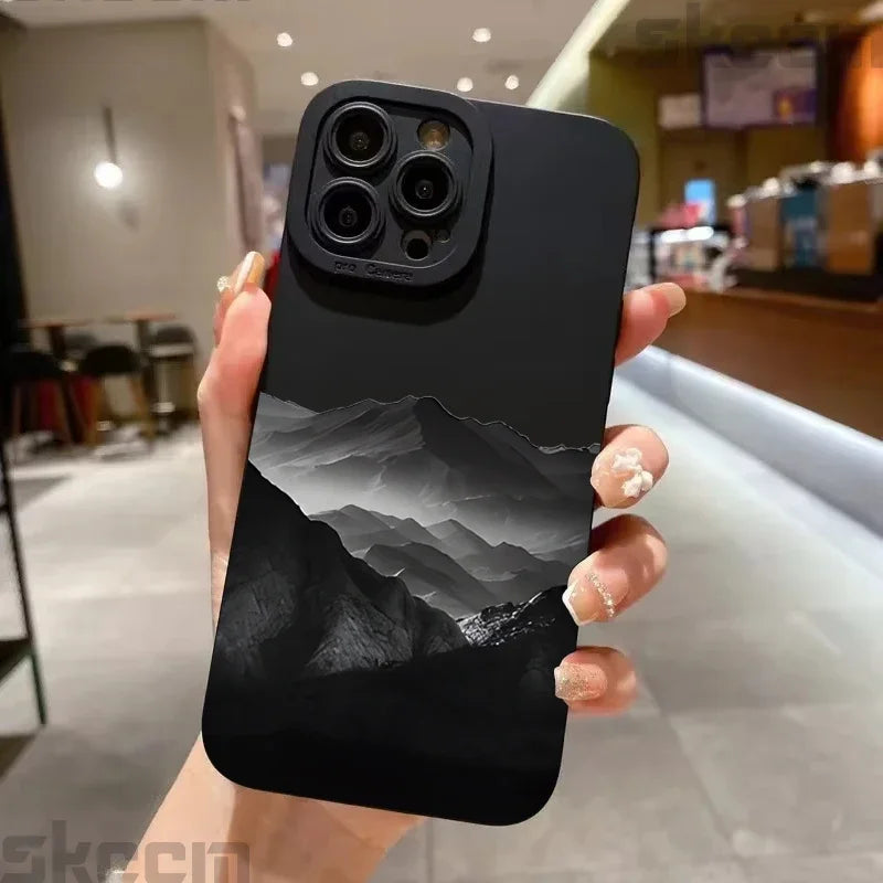 Black Mountain Peak Pattern Phone Case For iPhone 16 15 14 Pro Max 11 12 13 Mini XS XR X 8 7 Plus Shockproof Soft Silicone Cover