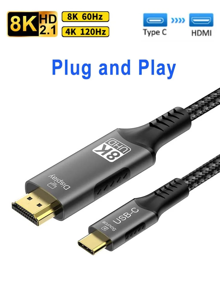 8k@60hz USB C to HDMI cable 4k@120hz Type C to HDMI 2.1 Thunderbolt 4 Compatible HDTV Cable for PC MacBook Pro HUAWEI