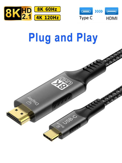 8k@60hz USB C to HDMI cable 4k@120hz Type C to HDMI 2.1 Thunderbolt 4 Compatible HDTV Cable for PC MacBook Pro HUAWEI