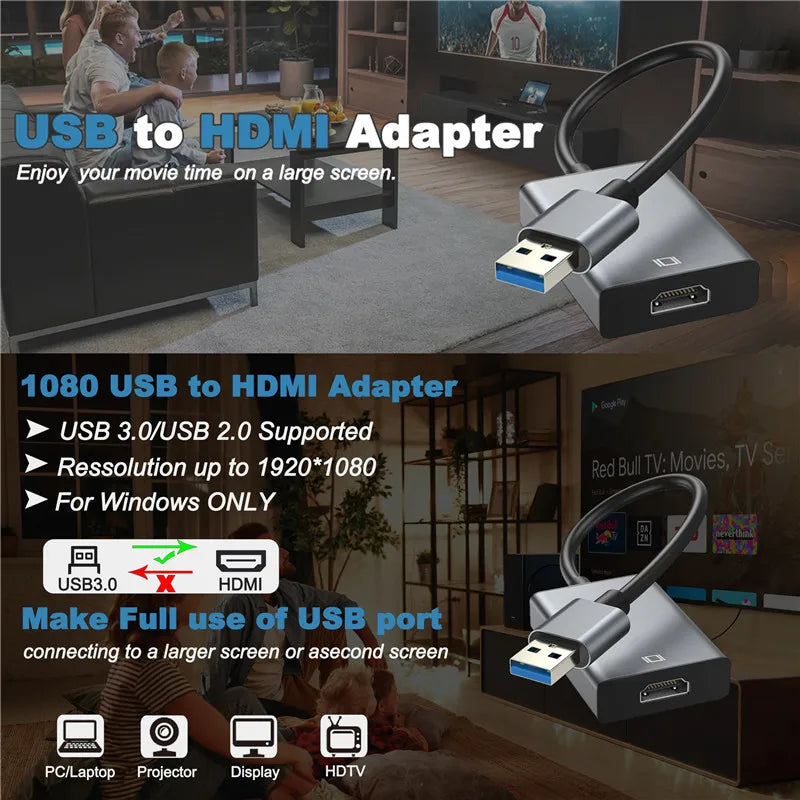 USB to HDMI Adapter HD 1080P USB 3.0 to HDMI-Compatible Converter External USB Adapter Video Adapter Cable for Desktop Laptop PC