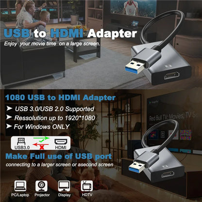 USB to HDMI Adapter HD 1080P USB 3.0 to HDMI-Compatible Converter External USB Adapter Video Adapter Cable for Desktop Laptop PC