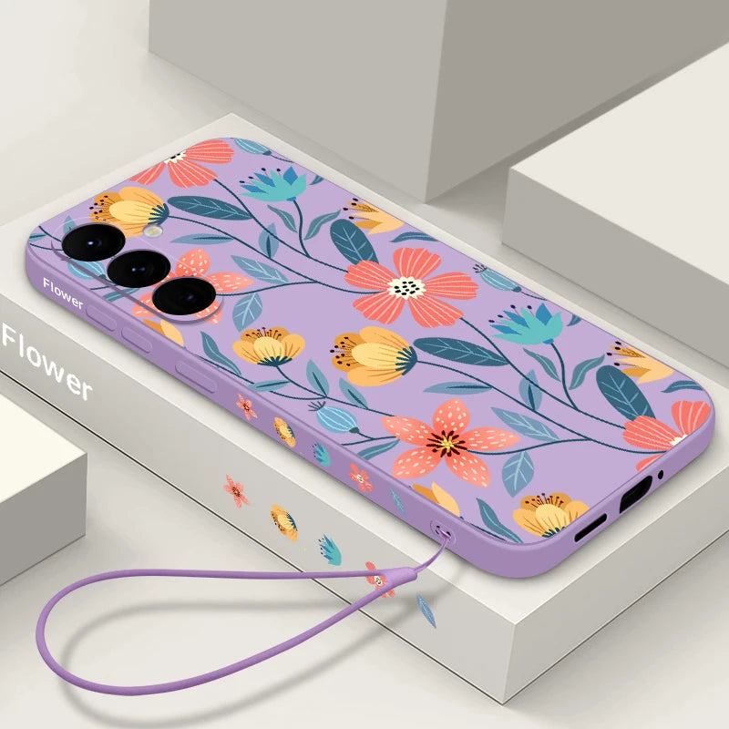 Colorful Flower Case For Samsung Galaxy S24 S23 S22 Ultra S21 S20 FE A56 A15 A35 A55 A52 A53 A54 5G S25 Silicone Lanyard Case