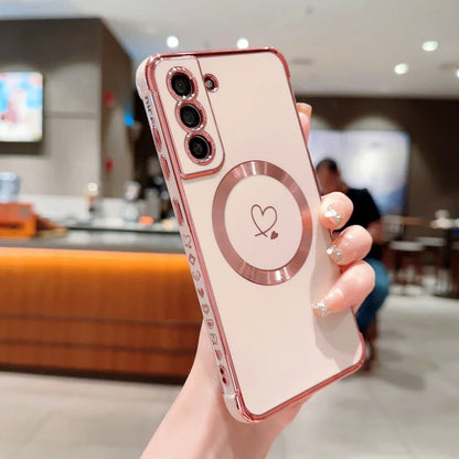 For Magsafe Case for Samsung Galaxy S23 Ultra S22 S21 Plus S24 Ultra S22Plus S20 S21 FE Electroplate Love Pattern Protect Covers