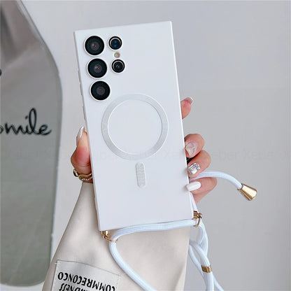 Lanyard Crossbody Necklace Magnetic Charge Case For Samsung S25 S24 S23 Ultra S22 S21 Plus S20FE Note 20 Matte Cover For Magsafe
