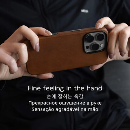YMW Magnetic Genuine Leather Case for iPhone 17 16 Pro Max 15 14 Personality Horsehide Magnetic Phone Cover