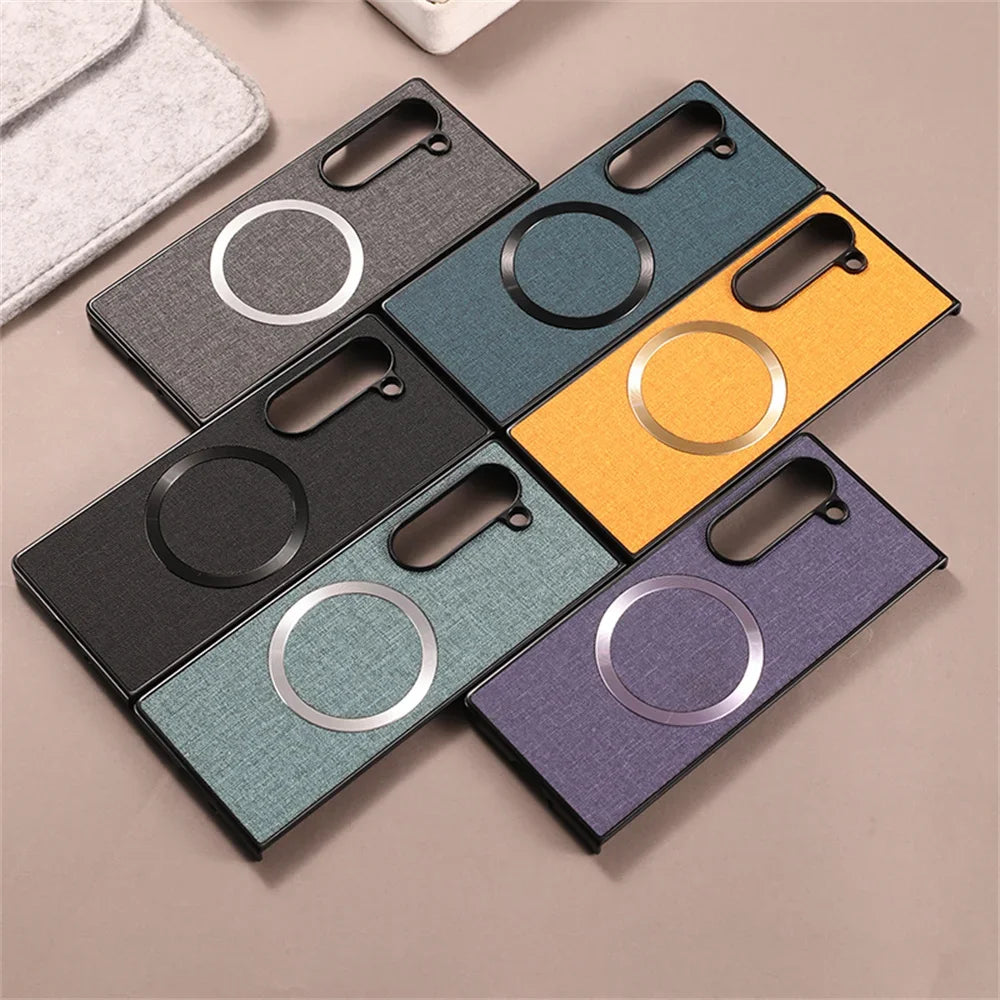 For Samsung Galaxy Z Fold 7 6 5 4 3 Case Cloth Pattern Magsafe Magnetic Cases For Galaxy Z Fold6 Fold7 Wireless Charging Cover