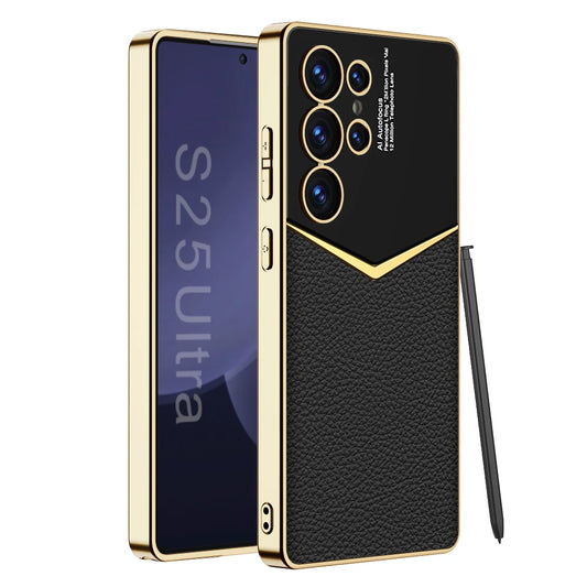Luxury Leather Plating Frame S24Ultra S25Ultra Case For Samsung Galaxy S23 S24 S25 Ultra Soft Edge Shockproof Protection Cover