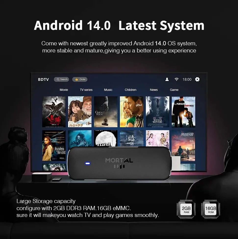 Mortal Q8 WIFI6 BT5.0 Google Voice Assistant AllwinnerH313 Android 14 Portable Android FireTV Stick Smart Streaming Media Player