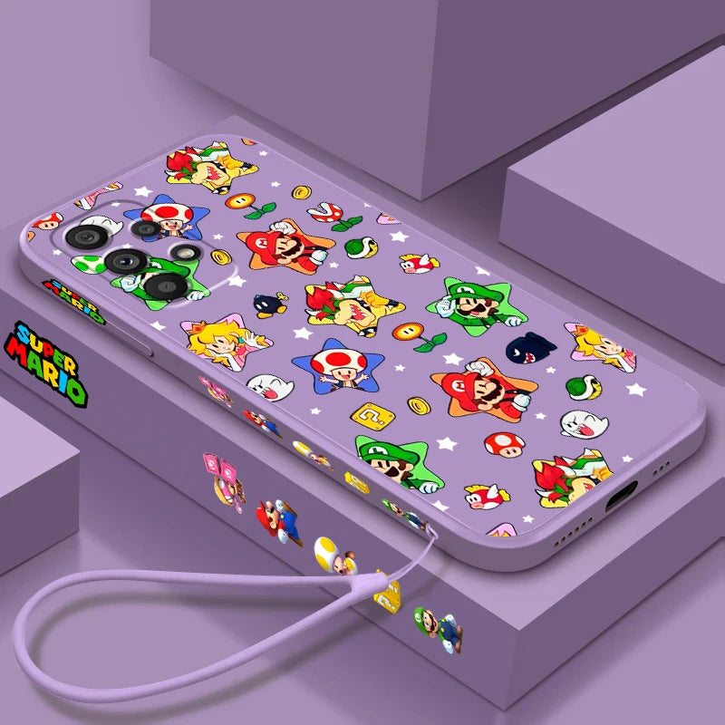 S-Super M-Marios B-Bros Cute Liquid Left Rope For Samsung Note 20 10 A54 A31 A14 A03 A22 A34 A04 A24 A25 Ultra Plus 5G Cover