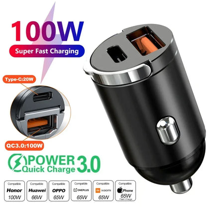 Mini 100W PD QC Pull Ring Fast Charging Car Charger USB C Car Phone Charger Adapter For iPhone 13 12 Xiaomi Samsung Huawei