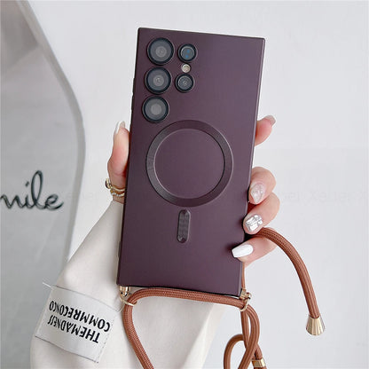Lanyard Crossbody Necklace Magnetic Charge Case For Samsung S25 S24 S23 Ultra S22 S21 Plus S20FE Note 20 Matte Cover For Magsafe