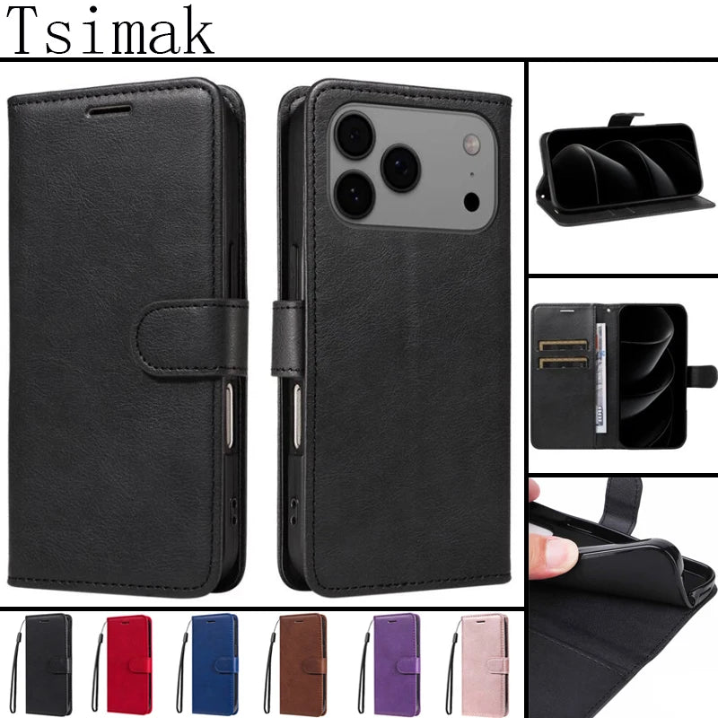 Leather Case For iPhone 17 Air 11 12 13 14 15 16e 16 Pro Max XS XR X 6S 7 Plus 8 SE 2020 Mini Magnetic Flip Wallet Phone Cover