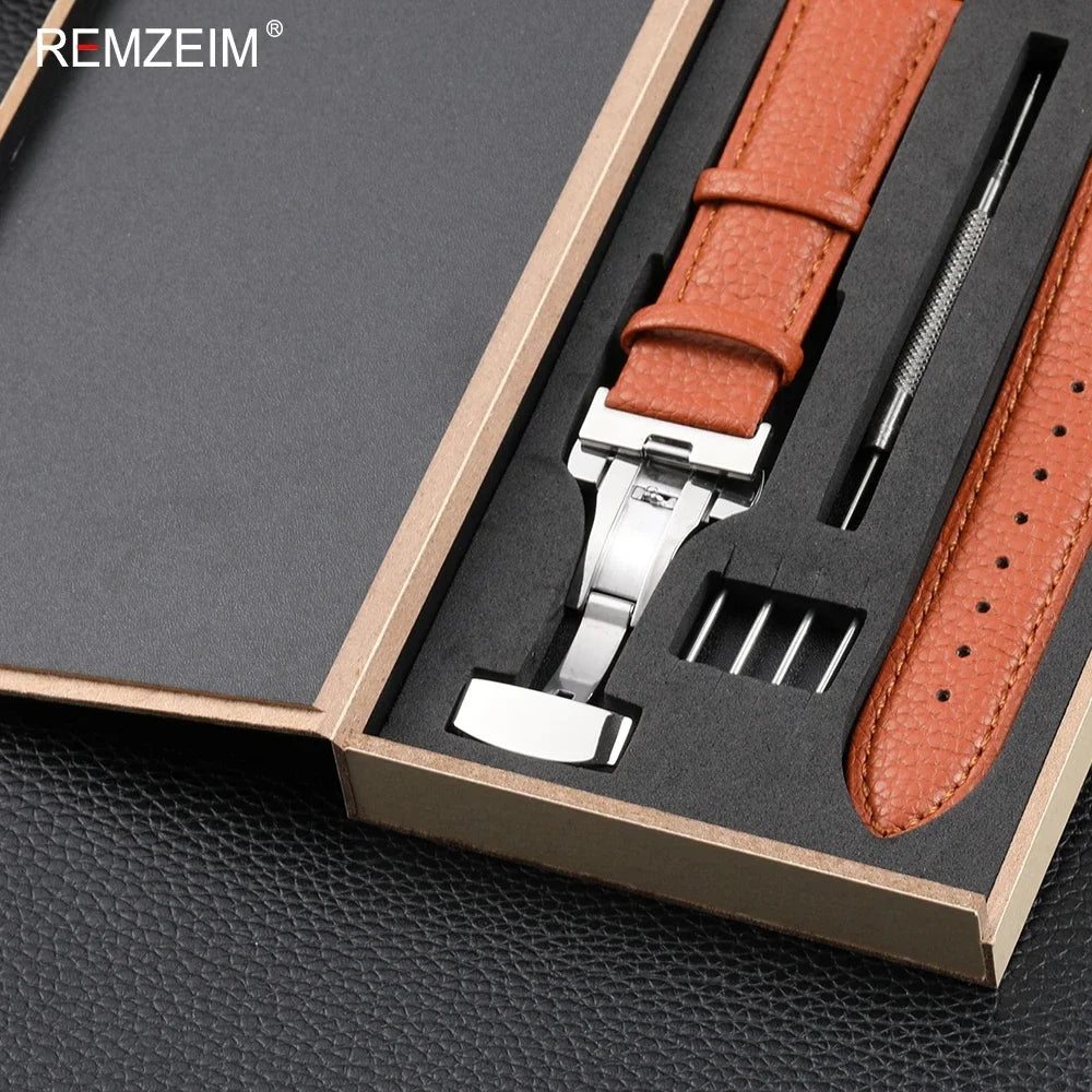 Litchi Pattern Design Leather Wrist Band 18mm 20mm 22mm Men Women Strap with Butterfly Buckle Gift Box Packaging Watchband