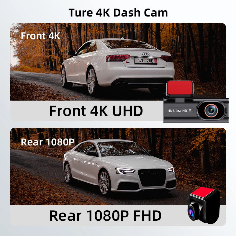 Ultra HD Dash Cam 4K Loop Recording 24H Parking Monitoring Optional 1080P Night Vision Rear Camera Supports WiFi APP Control