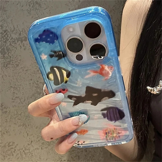 Cartoon Aquarium Ocean Fish Animal Phone Case For iPhone 16 15 13 14 12 Pro Max 11 INS Summer Water Lovely Soft Bumper Cover