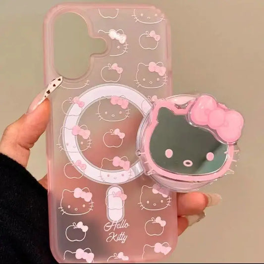 Cute Sanrio Hello Kitty Magnetic Magsafe Wireless Charge Phone Case For iPhone 17 16 15 14 13 Pro Max  Mirror Grip Holder Cover