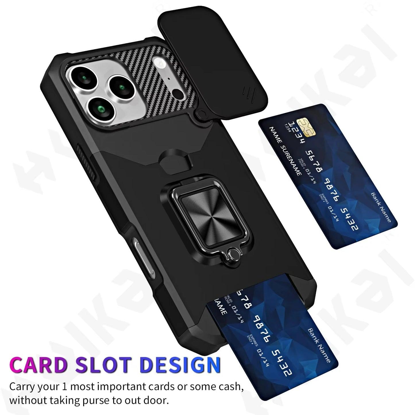 Case For iPhone 17 16 15 14 13 12 11  Pro Max XS Plus Slide Camera Card Holder Slot Duty Wallet Protective With Ring Stand Cover