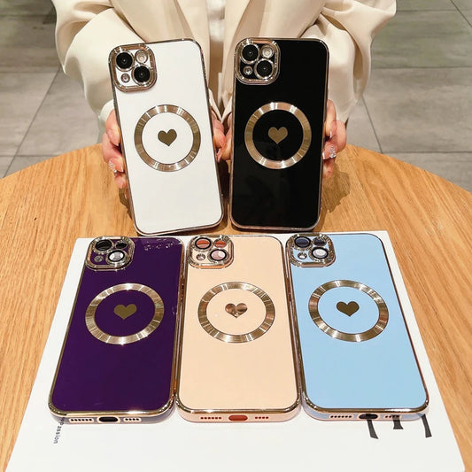 Luxury Magsafe Magnetic Plating Love Heart Phone Case For iPhone 11 12 13 14 15 16 Pro Max X XR XS Plus Wireless Charging Cover