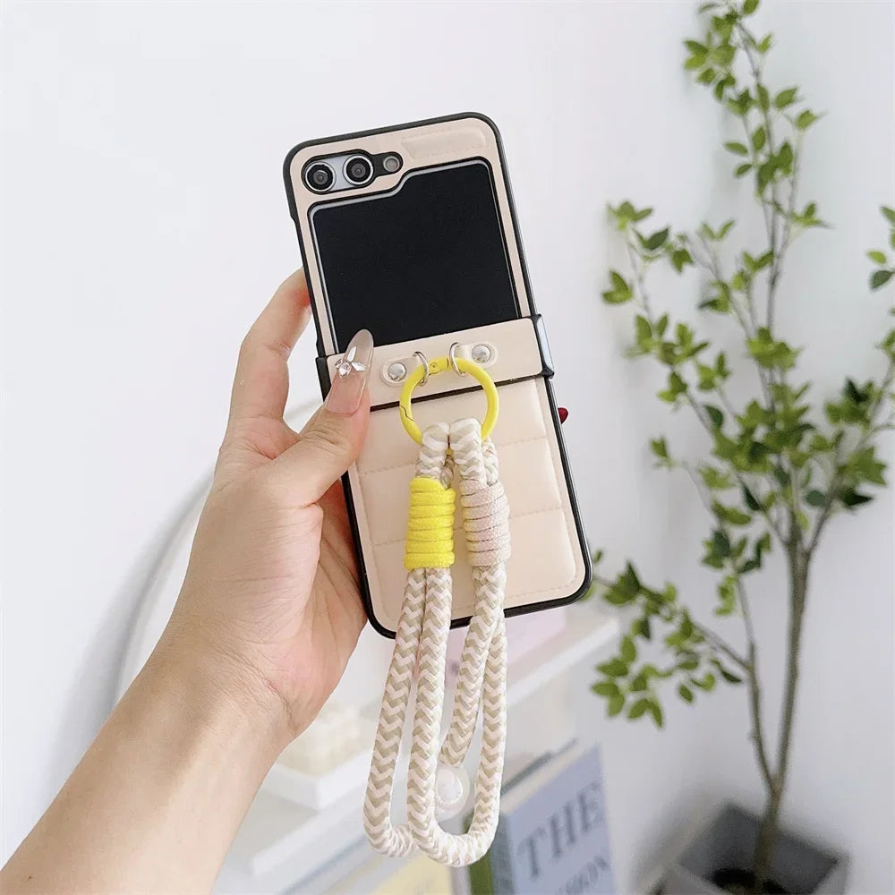 Down Jacket Style PU Leather Cover Wrist Strap Bracelet For Samsung Galaxy Z Flip 7 6 5 4 3 5G Hard Hinge Protective Phone Case