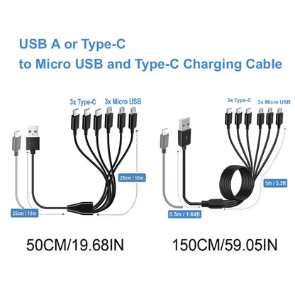 6 In 1 Micro USB/Type C Splitter Cable 3 in 1 USB to Micro USB/Type C Charing Cable For iPhone15 Android Samsung Tablet and More